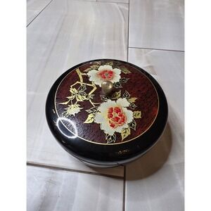 Vintage Japanese Lacquerware Lidded Bowl Floral Peony Black Gold Candy Dish 7.5"